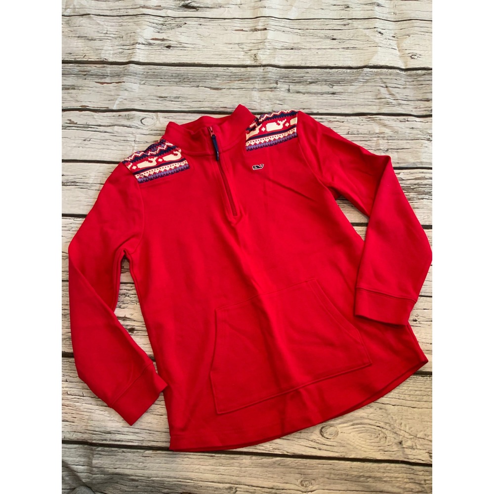 Vineyard Vines Red Fair Isle Whale Quarter Zip Pullover Sweater Size‎ M 10-12